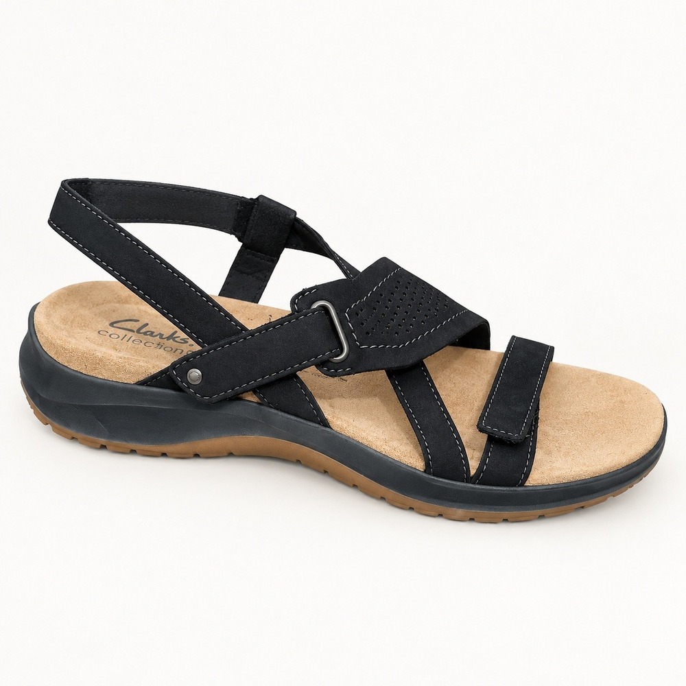 Clarks Collection Maelynn Gem Black Nubuck Leather Strappy Sandals Granola 10N